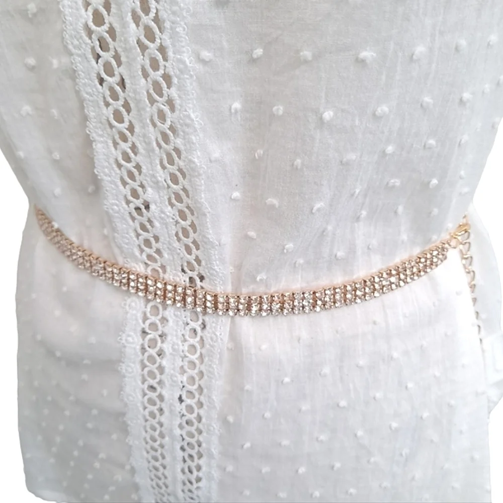 Gold Rhinestone chain bridal wedding waist statement clasp dress belt - Picture 7 of 13